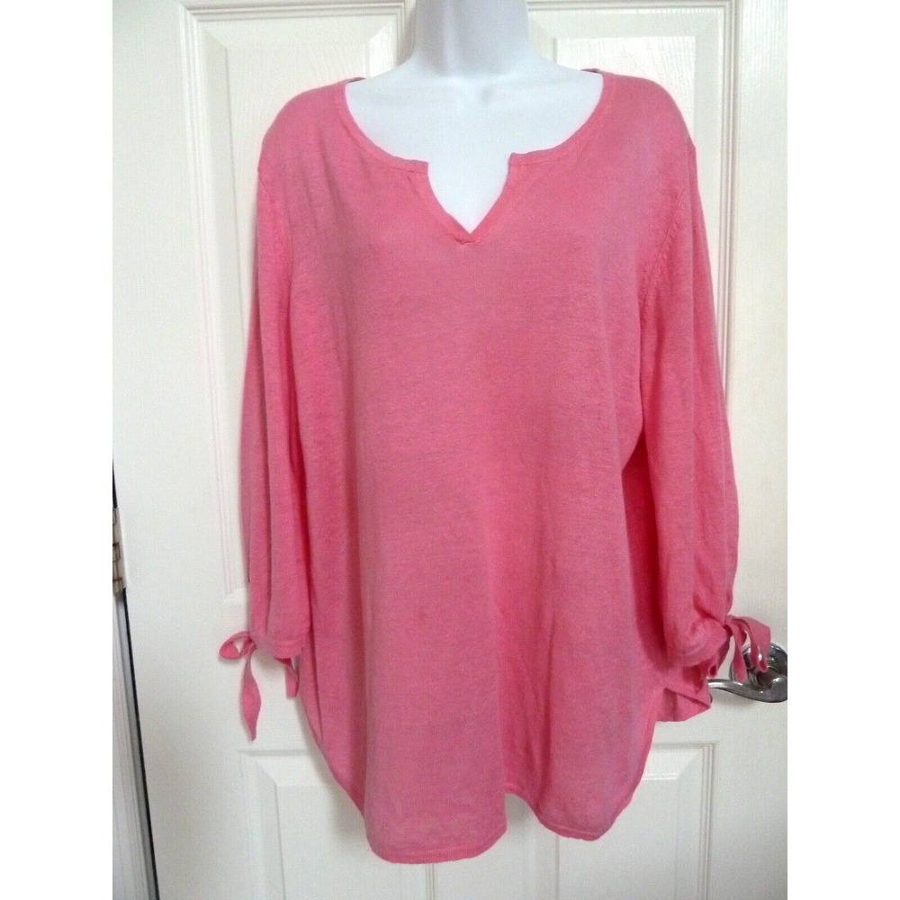 **TALBOTS SZ 12/14 Large 3/4 Tie Sleeve LINEN Top Blouse Popover Pink**